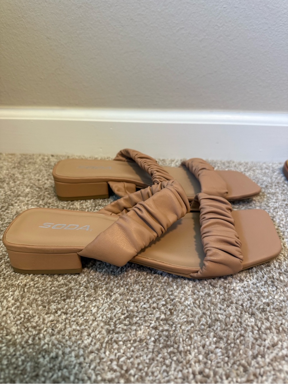 Soda Tan Ruched Double-Strap Slide Sandals